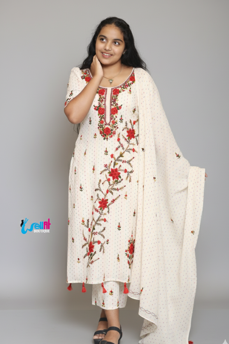 Ivory & Crimson Floral Embroidered Suit Set