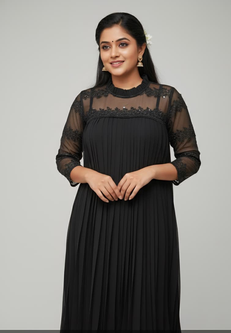 legant Black Pleated Lace Cocktail Dress