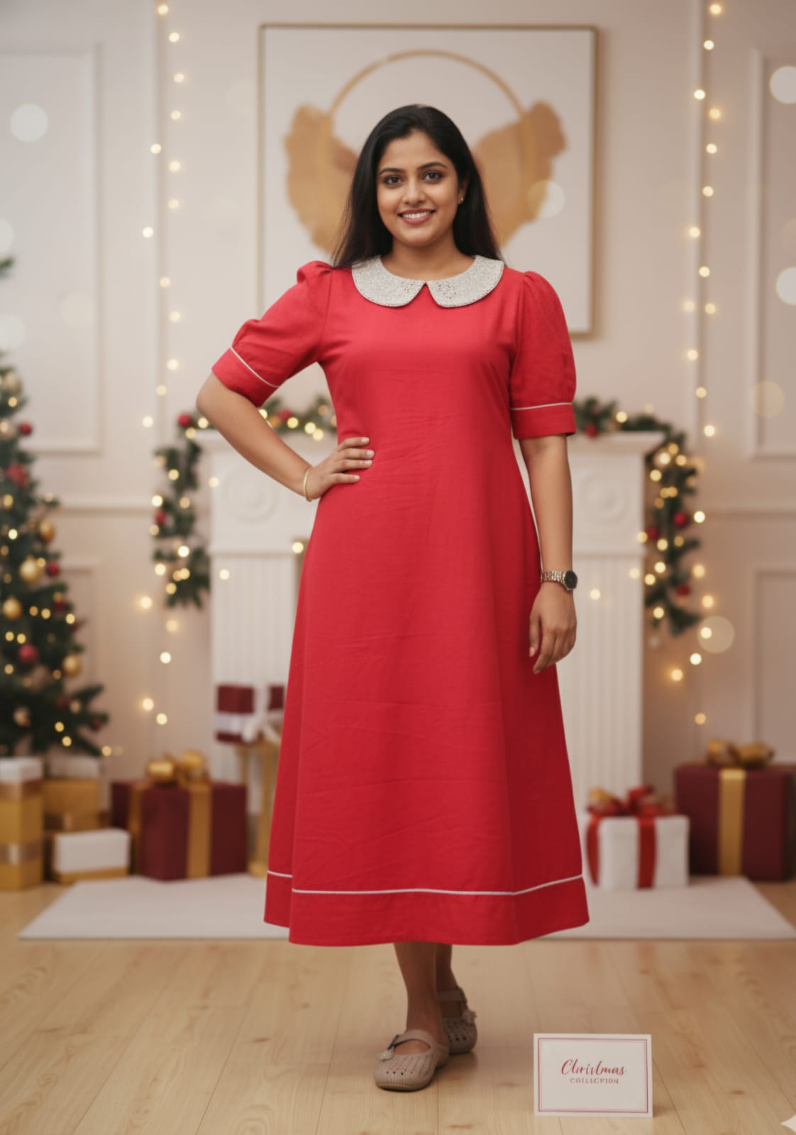 The Classic Holiday Ruby Red Linen Dress with White Crochet Collar