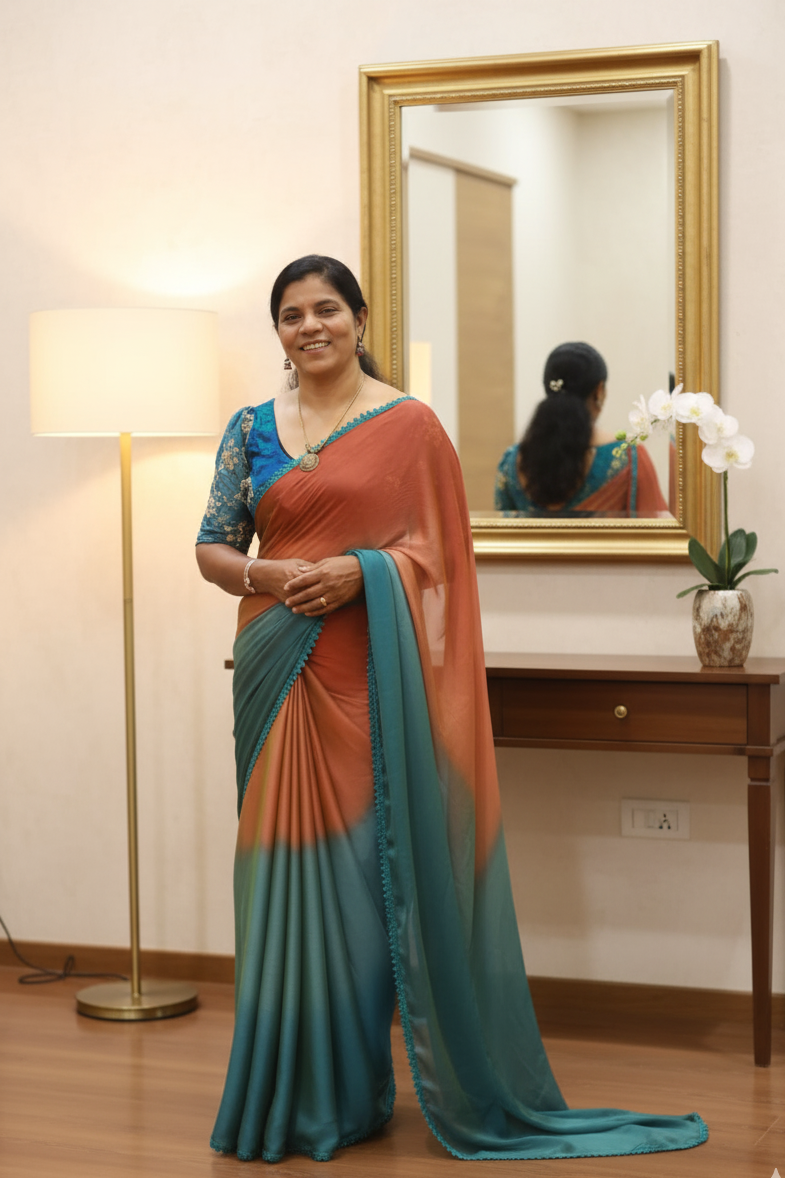 Sunset Ombre Chiffon Saree in Terracotta & Teal by Wellfit Boutique