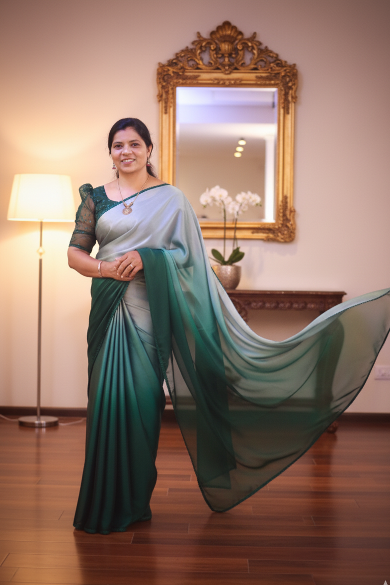 Emerald Ombre Luxe Designer Saree by Wellfit Boutique